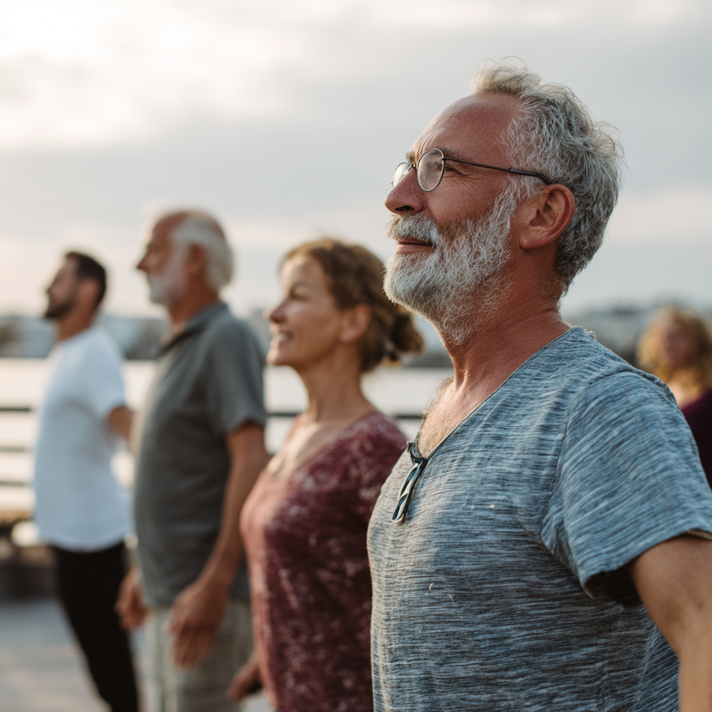 Group of middle-aged adults engaged in gentle outdoor movement activities