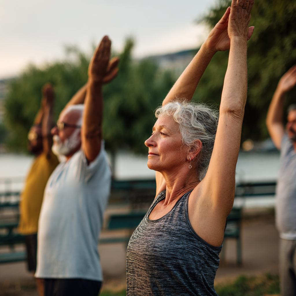 Middle-aged adults practicing gentle mobility exercises in natural outdoor setting